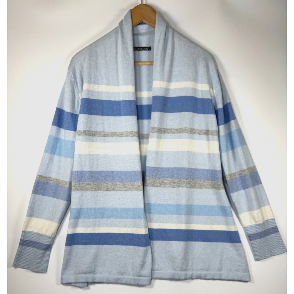 Alashan Cotton Cashmere Cardigan Large Blue Striped Open Front Knit Sweater